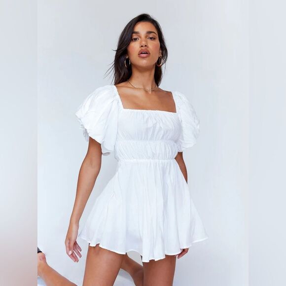 Princess Polly White Halton Off The Shoulder Puff Sleeve Fit & Flare Mini Dress - Picture 1 of 2